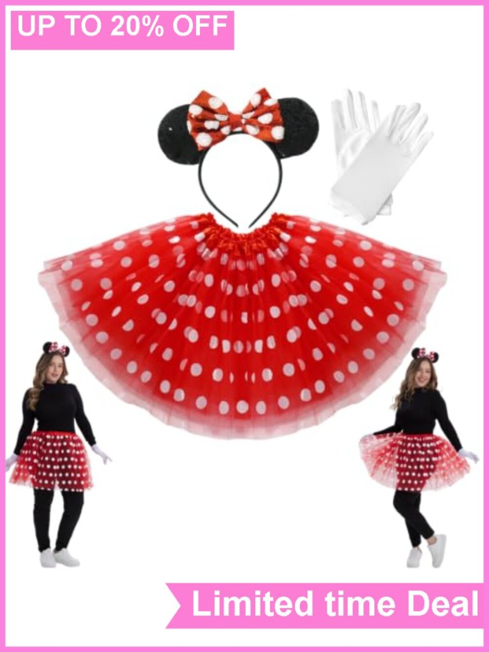 Womens Tutu Mouse Costume Set Polka Dots 3-Piece Halloween Cosplay